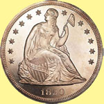 A US coin of 1850 shows Liberty holding a Liberty Pole with a Phrygian hat on it.