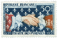 French 50 Franc stamp, 1959, commemorating the four hundredth aniversary of the Treaty of the Pyrenees