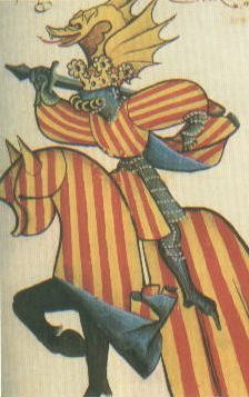 the King of Aragon wearing a Coat of Arms and mounted on a caparisonned steed.